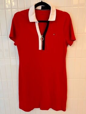 Tommy Hilfiger Polo Mini Dress Size M Red White Navy Zip Contrast Trim 4th July